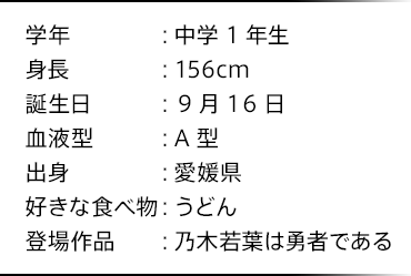 学年：中学1年生 身長：156cm 誕生日：9月16日 血液型：A型 出身：愛媛県 好きな食べ物：うどん 登場作品：乃木若葉は勇者である